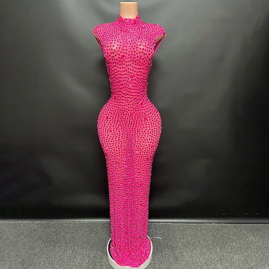 Luxurious Rhinestone Celebration Party Dress | Sparkling Couture Baby Shower Gown | One-Shoulder Turtleneck Medium-Stretch Sheath Dress Luxegan