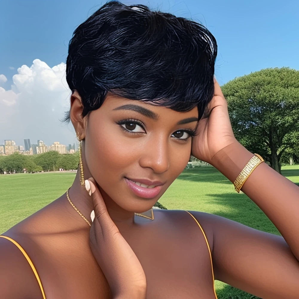 Pixie Cut Human Hair Wig | Natural Color Wavy Remy Hair | Short Cut Wig Luxegan