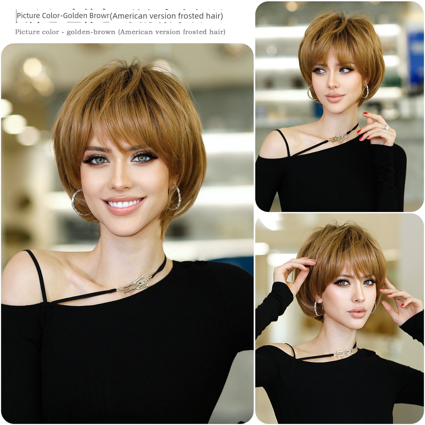 European & American Short Platinum Highlight Black Wig | Full Head Cover Artificial Human Hair Wig for Women (Natural Hairstyle with Oblique Bangs) Luxegan