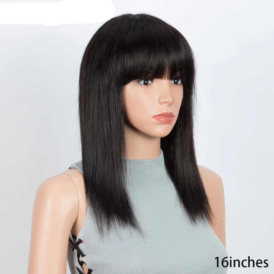 99J Wine Red Straight Bob Wig with Bangs | Full Machine Made Brazilian Remy Human Hair Luxegan