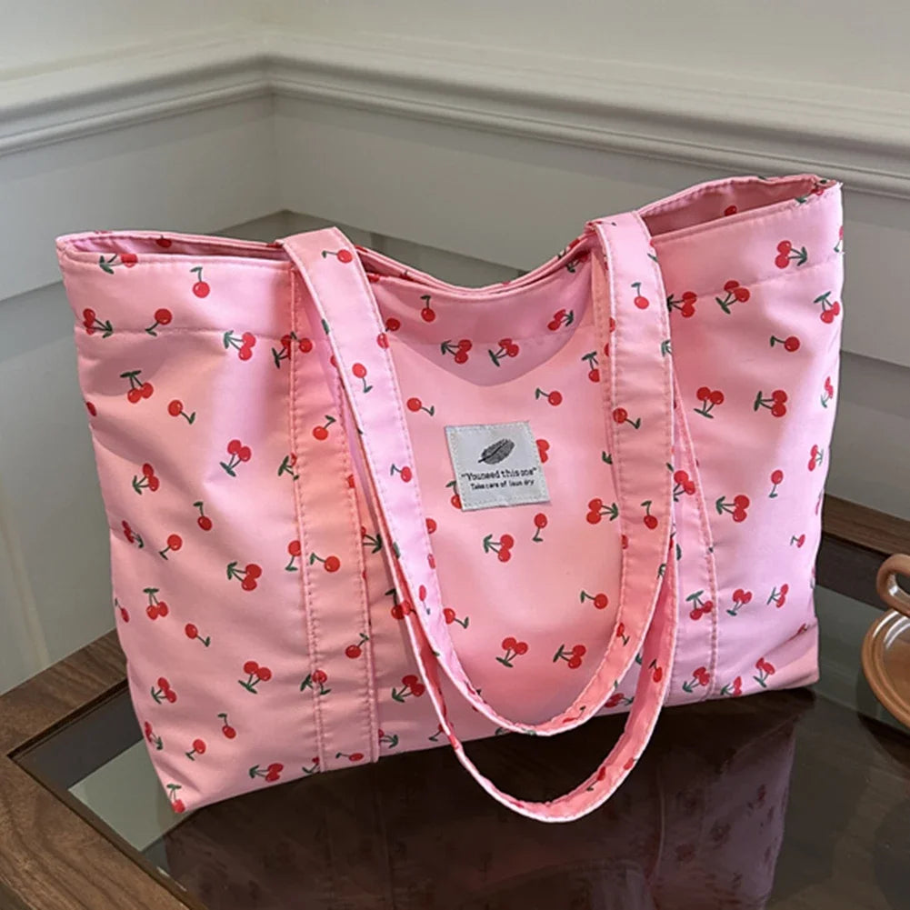 Cute Cherry & Strawberry Print Casual Tote | Sophisticated Large Capacity Nylon Shopping Bag | Elegant Aesthetic Fruit Pattern Handbag | Fashion-Forward Grocery Bag for Women with "Dignified" Soft Finish Luxegan