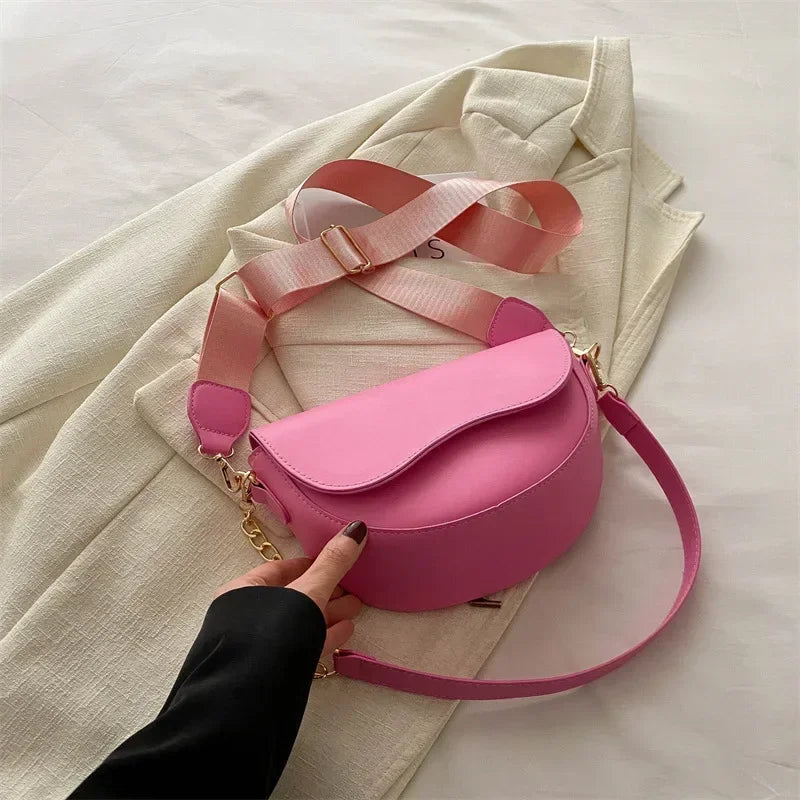Retro Chain-Strap Saddle Bag | Solid Color Shoulder & Crossbody Purse Luxegan