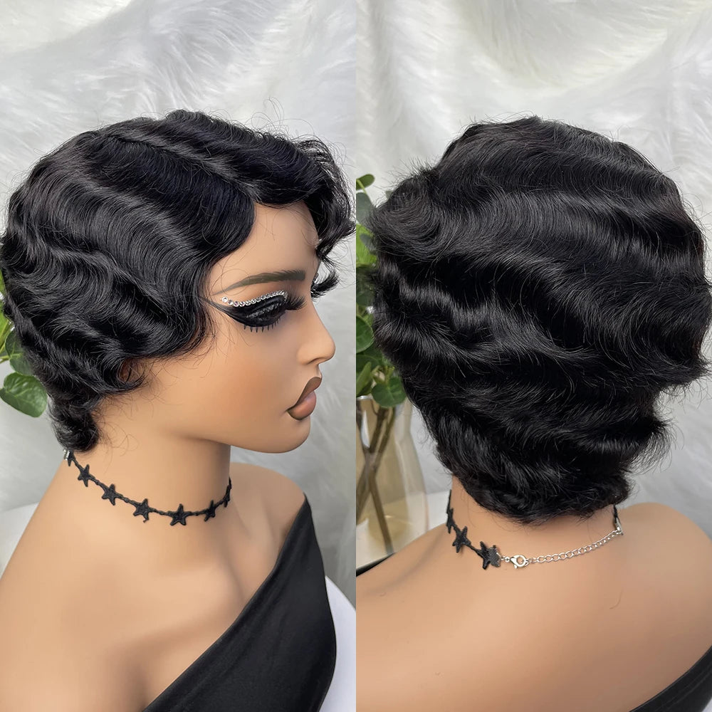 Brazilian Pixie Wig | Wet & Wavy Finger Wave Style | Machine Made Human Hair Wig | Natural Color