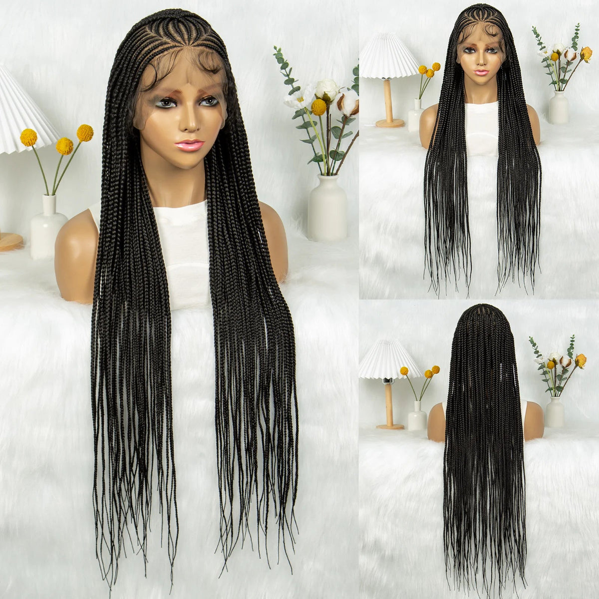 Box Braids Wig 36Inch Cornrow Braided Wigs Synthetic Full Lace Braided Wig for Black Women Blended Lace Front Braiding Hair Wig Luxegan