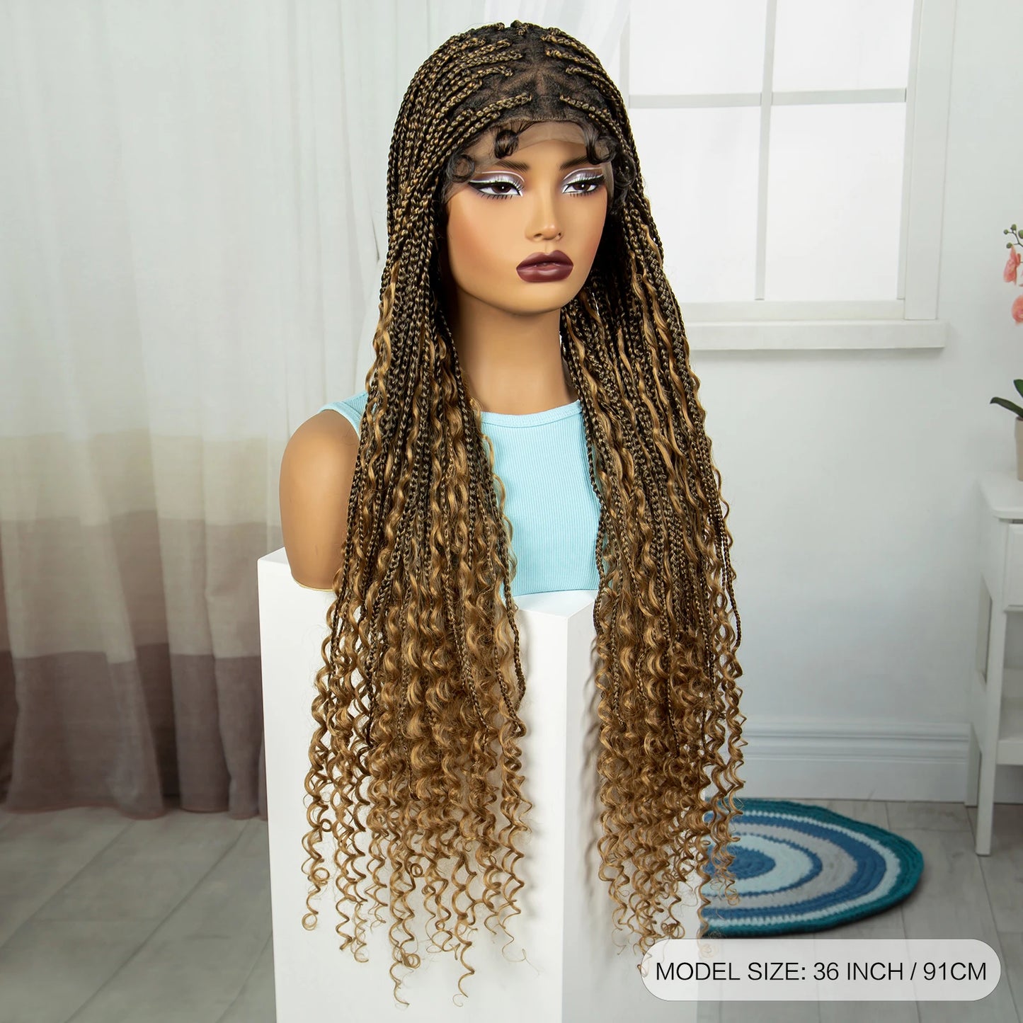 36" Blonde Boho Knotless Braids Wig | Curly Ends | HD Full Lace | Baby Hair Luxegan