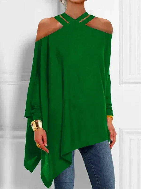 Cross Halterneck Cold Shoulder Blouse | Sophisticated Solid Color Long Sleeve Silhouette | Elegant "Asymmetric Pleated" Autumn Pullover | "Dignified" Tat-Woven Blended Fabric for Radiant Versatile Styling Luxegan