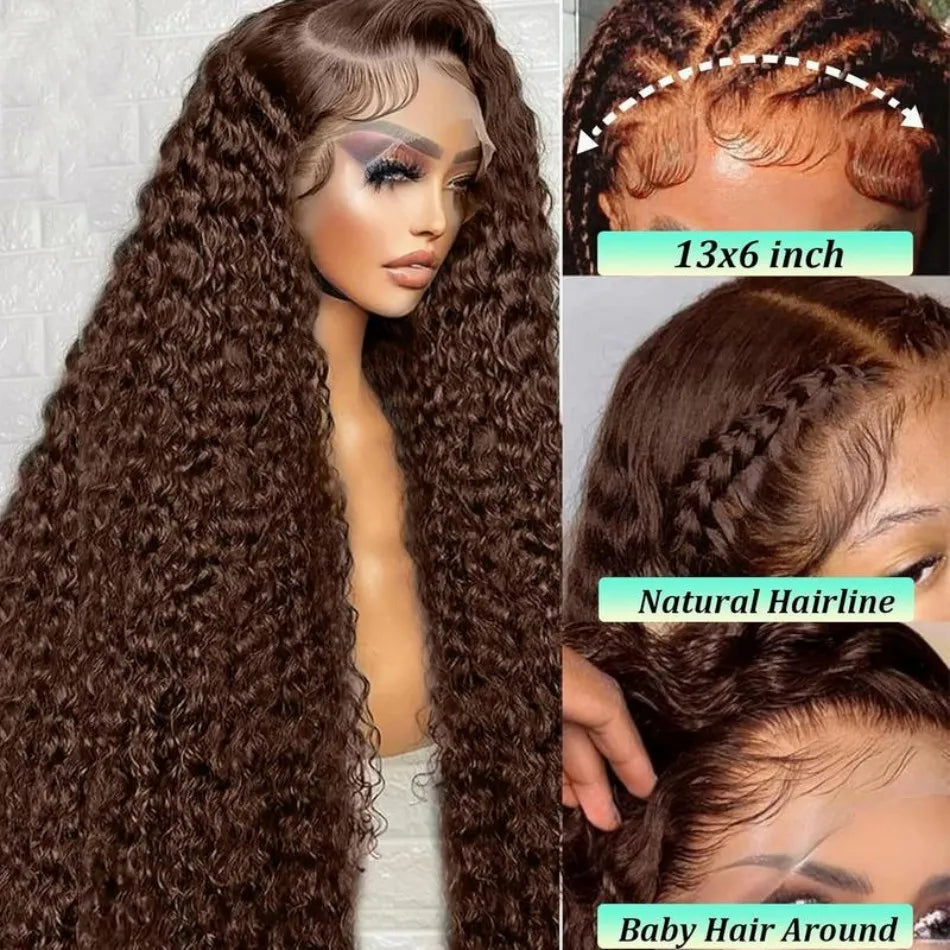 Chocolate Brown Deep Wave HD Lace Wig | Sophisticated 250 Density 13x6 & 13x4 Frontal | Elegant "100% Brazilian Remy" Silhouette | "Dignified" Pre-Plucked Curly Human Hair for Radiant Versatile Styling Luxegan