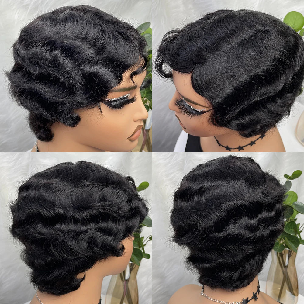 Brazilian Pixie Wig | Wet & Wavy Finger Wave Style | Machine Made Human Hair Wig | Natural Color