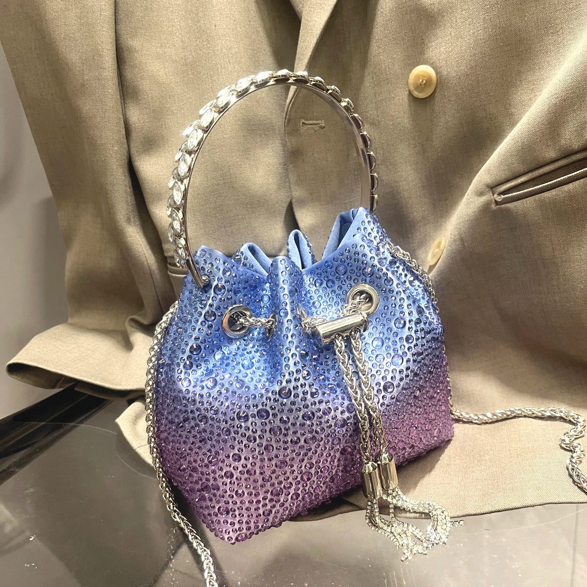 Luxury Designer Rhinestone Evening Clutch | Shiny Crystal Bucket Handbag & Fashion Shoulder Bag Luxegan