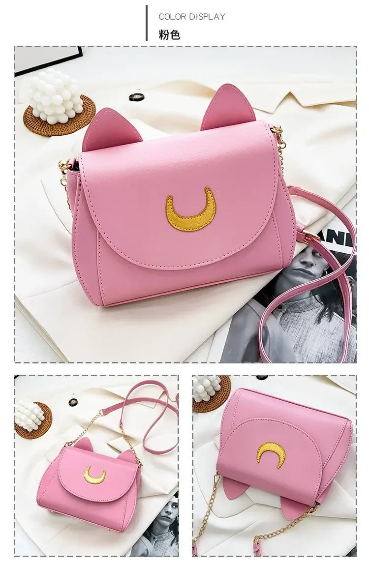 Sailor Moon Inspired Luna Cat Bag | Sophisticated PU Leather Square Shoulder Purse | Elegant Black Chain-Strap Messenger | "Dignified" Soft Crossbody for Versatile Fashion Styling Luxegan
