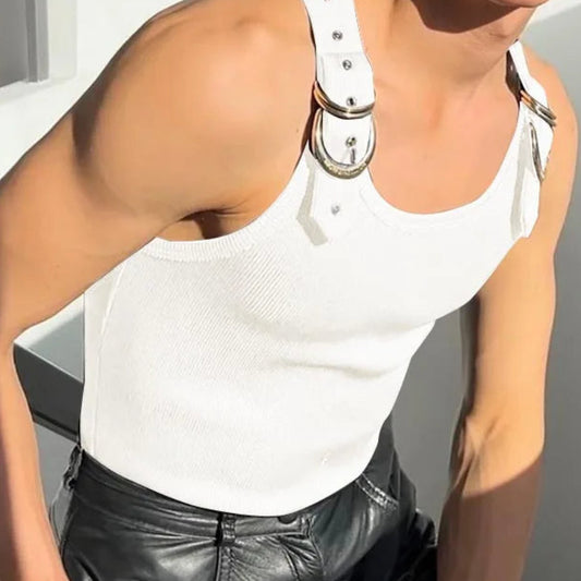 Fashion New Men's Deconstruction Mesh Vest | Sophisticated "City Walk" Metal Buckle Silhouette | Elegant Solid Comfortable Tank Top | "Dignified" High-Performance Summer Top for Radiant Versatile Styling Luxegan