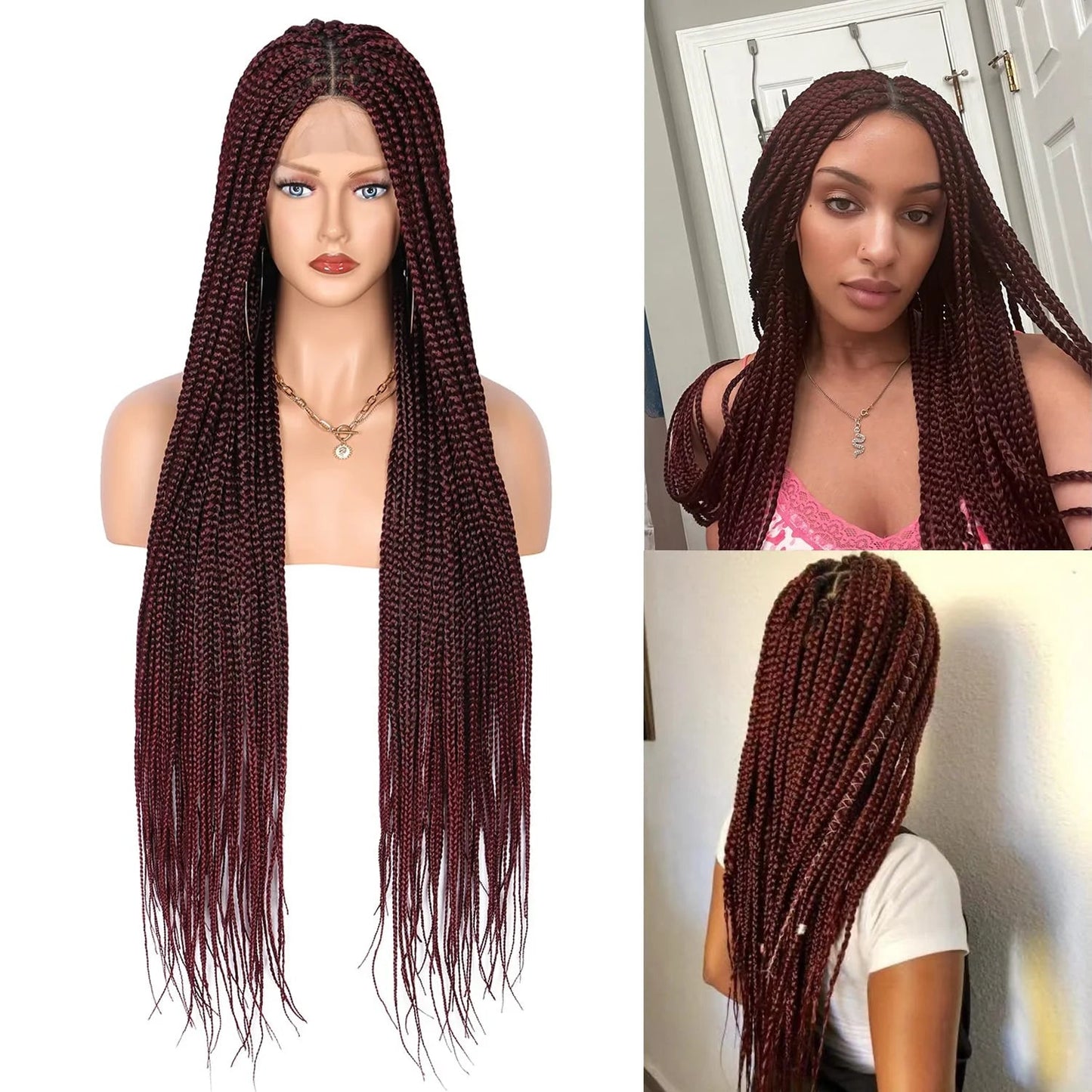 36" Ombre Burgundy Knotless Box Braid Wig | Full Double Lace Frontal | Baby Hair | Kanekalon Synthetic Wig for Women Luxegan