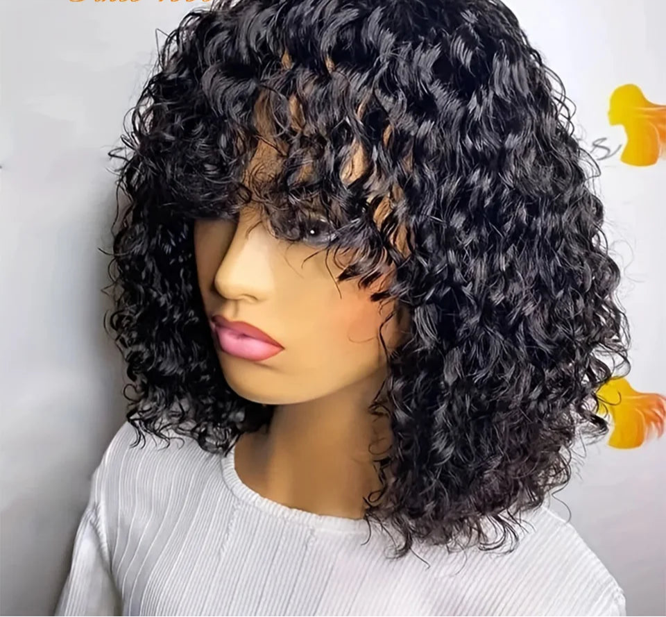 Jerry Curly Short Bob Human Hair Wig with Bangs | Glueless Highlight Honey Water Wave Blonde Wig for Women (Ready-to-Go) Luxegan