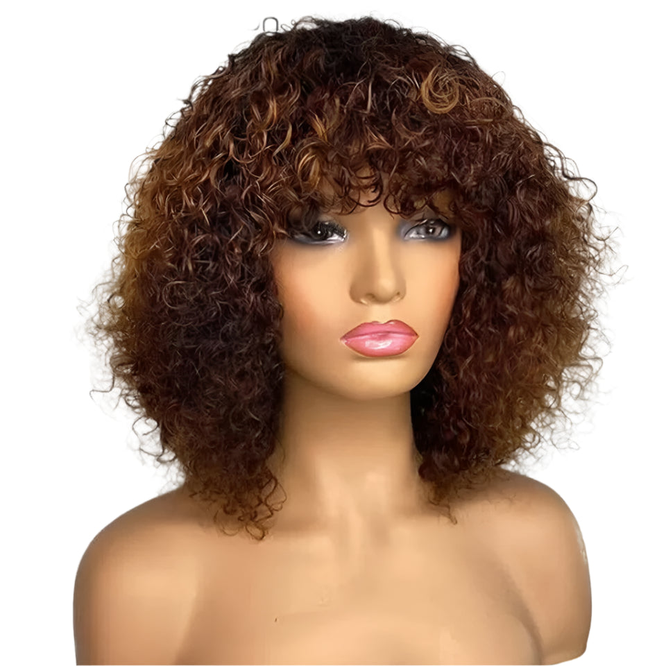 Highlight Honey Blonde Jerry Curly Pixie Bob Wig with Bangs | Full Machine Made Human Hair Luxegan