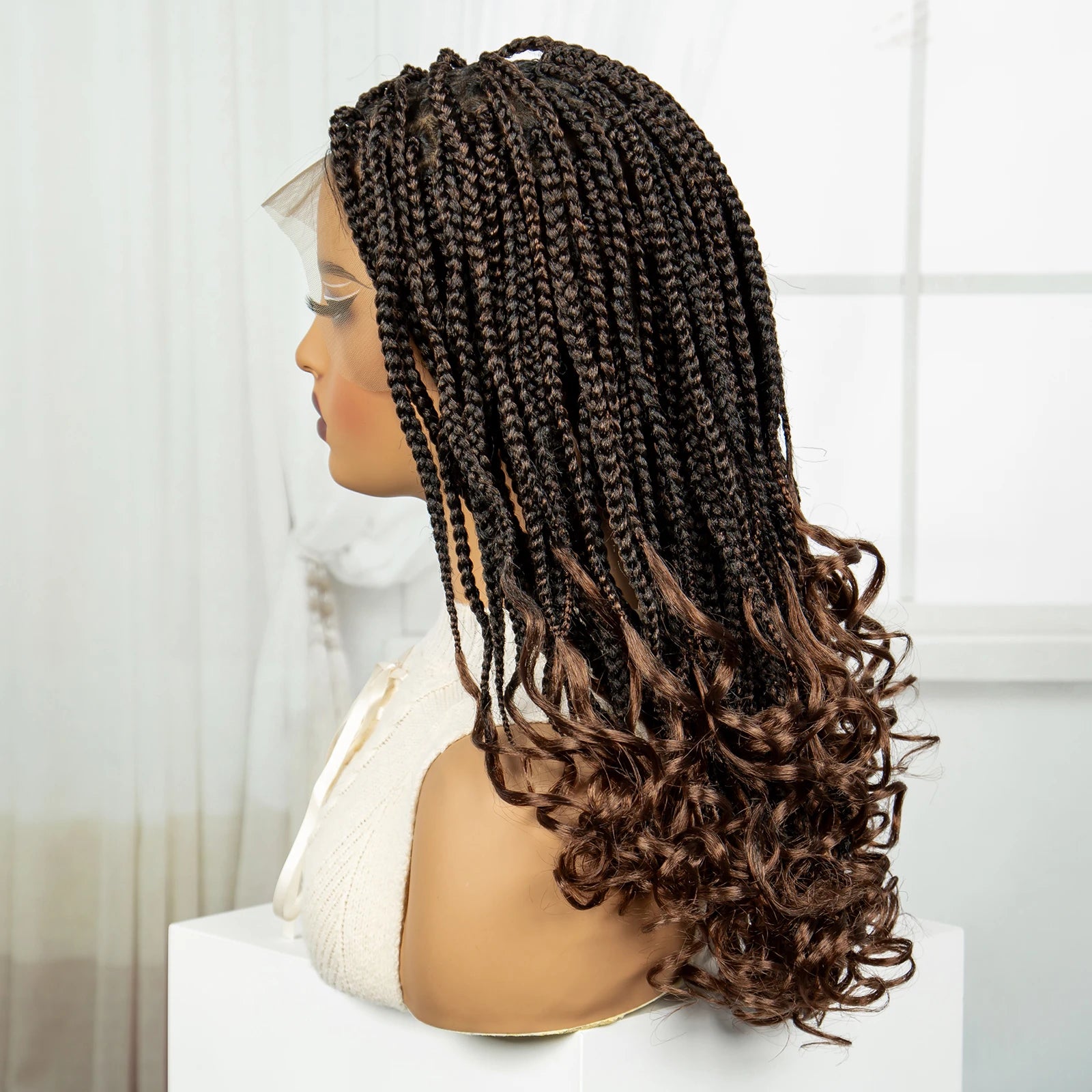 22" 1B/30 Ombre Knotless Braids Wig | Wavy Ends | Full Lace Boho Style Luxegan