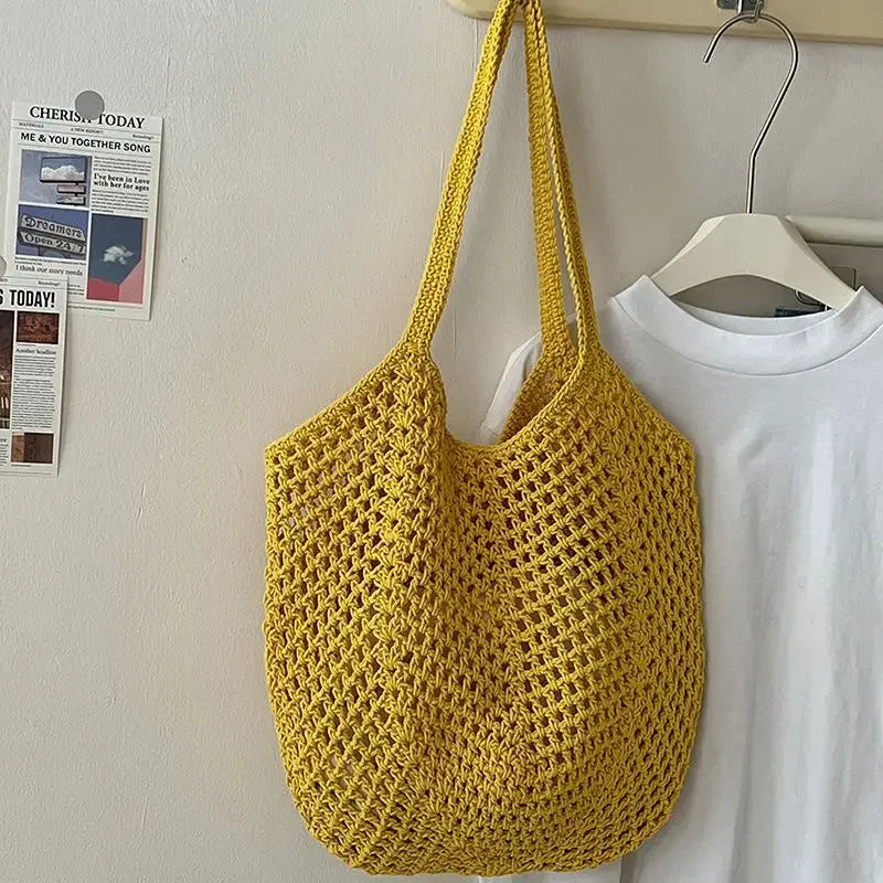Large Capacity Cotton & Straw Woven Shoulder Bag | Ladies Handmade Wicker Style Beach Tote | Casual Messenger Handbag for Women | Versatile Summer Travel Shopper Luxegan