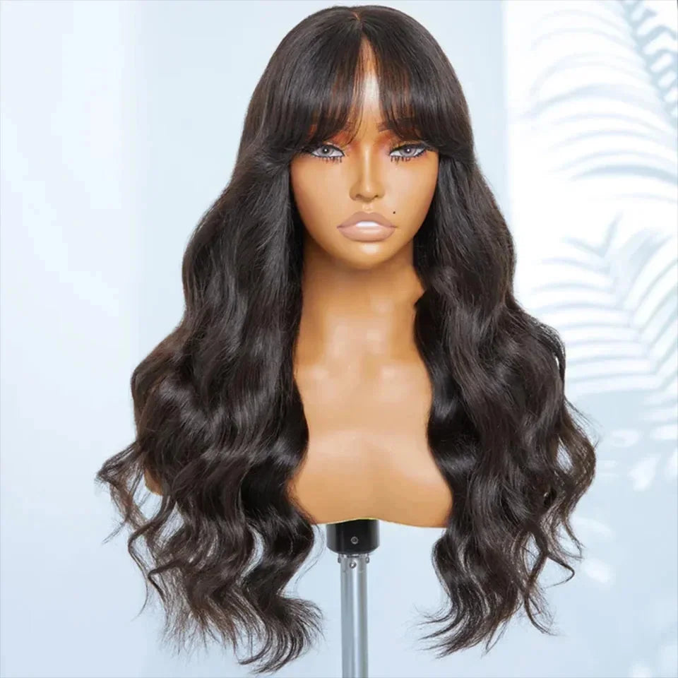 Natural Color 22" Body Wave Wig with Bangs | 180% Density Remy Human Hair Middle Part Lace Luxegan