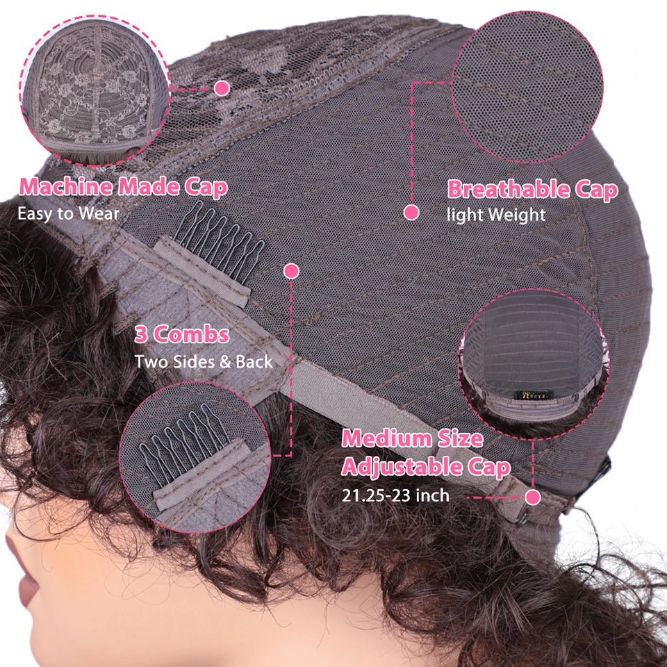 Sleek Short Pixie Afro Kinky Curly Human Hair Wig | Glueless Natural Brown 99J Bob with Bangs Luxegan