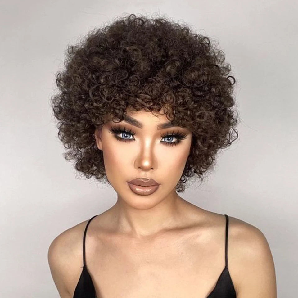 Peruvian Short Bob Pixie Afro Kinky Curly Wig with Bangs | Remy Human Hair Luxegan