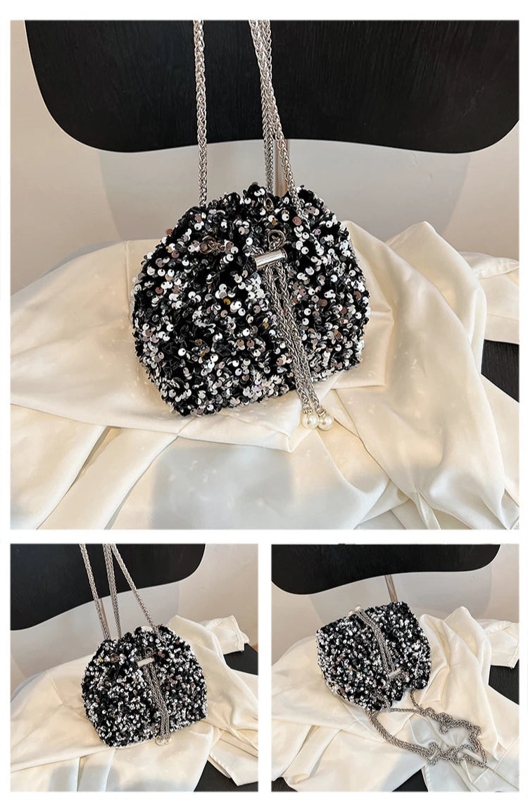 Good-looking Personality Sequin Women's New Korean Bucket Bag | Bright Eyes Style Fashion Crossbody Dinner Single Shoulder Bags Luxegan