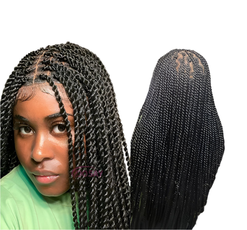 36" Senegalese Twist & Knotless Box Braids Full Lace Braided Wig - #27 Blonde, Cornrow Accents