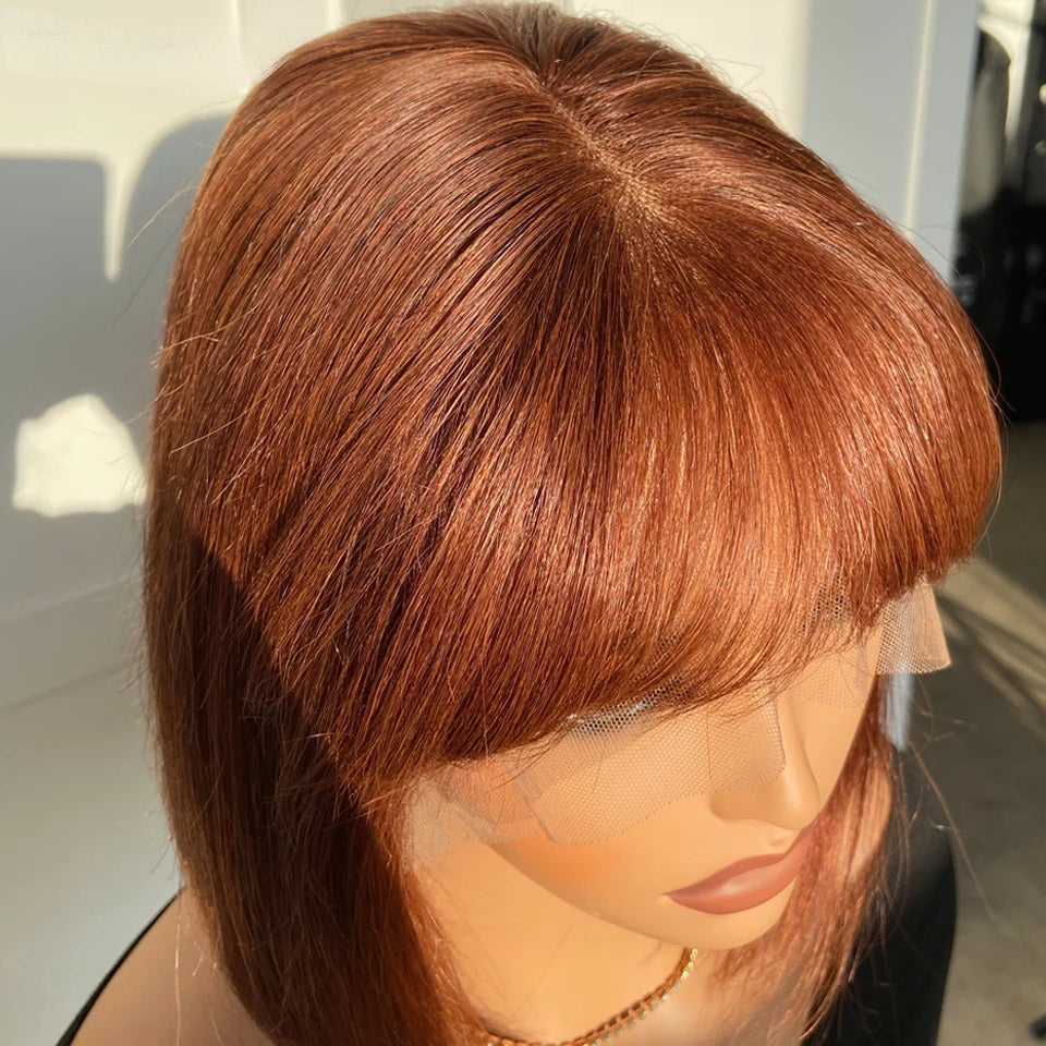 Reddish Brown Bob Wig | Straight Human Hair Lace Front with Bangs Luxegan