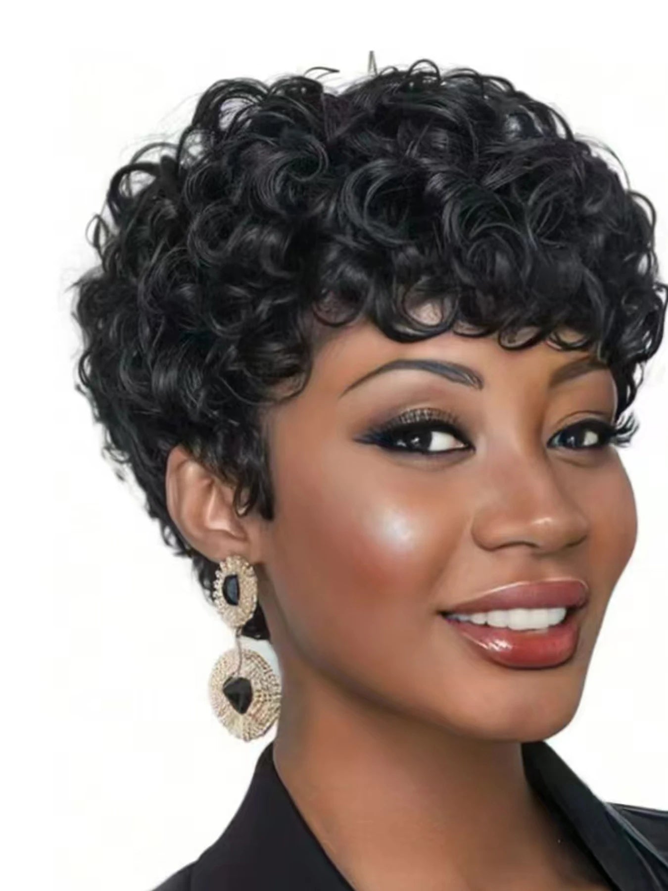 Cut Short Curly Wigs for Women | Glueless Synthetic Full Wigs with Bangs (Daily Wear & Go, Heat Resistant, Black Color for Beginners) Luxegan
