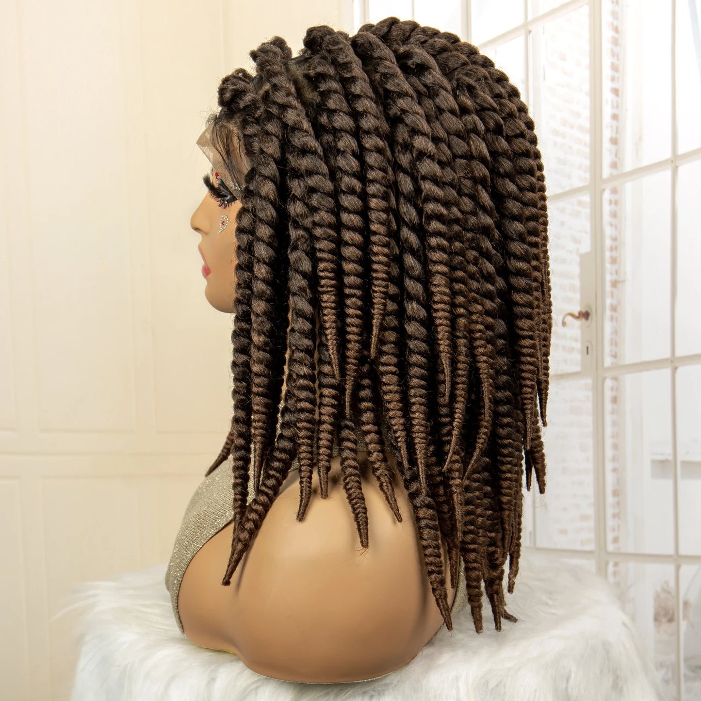 16 Inch Brown Twisted Braided Bob Wig | Full Lace | Kanekalon Fiber | For Black Women - Luxegan
