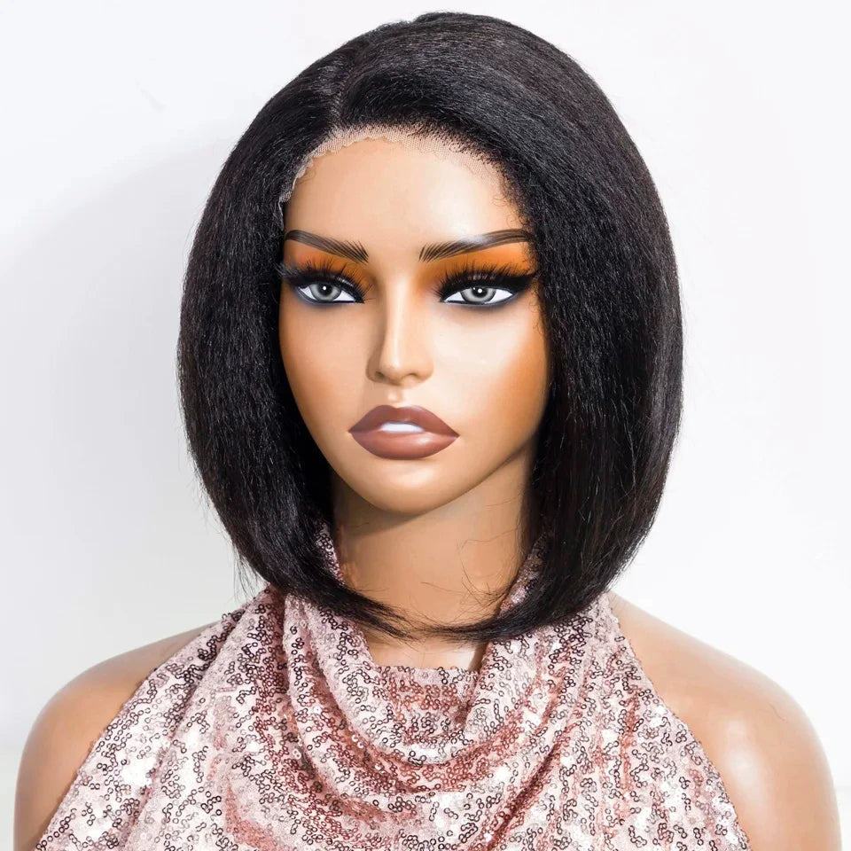 Short Kinky Straight Bob Wig | Glueless Human Hair C Lace with Natural Hairline Luxegan