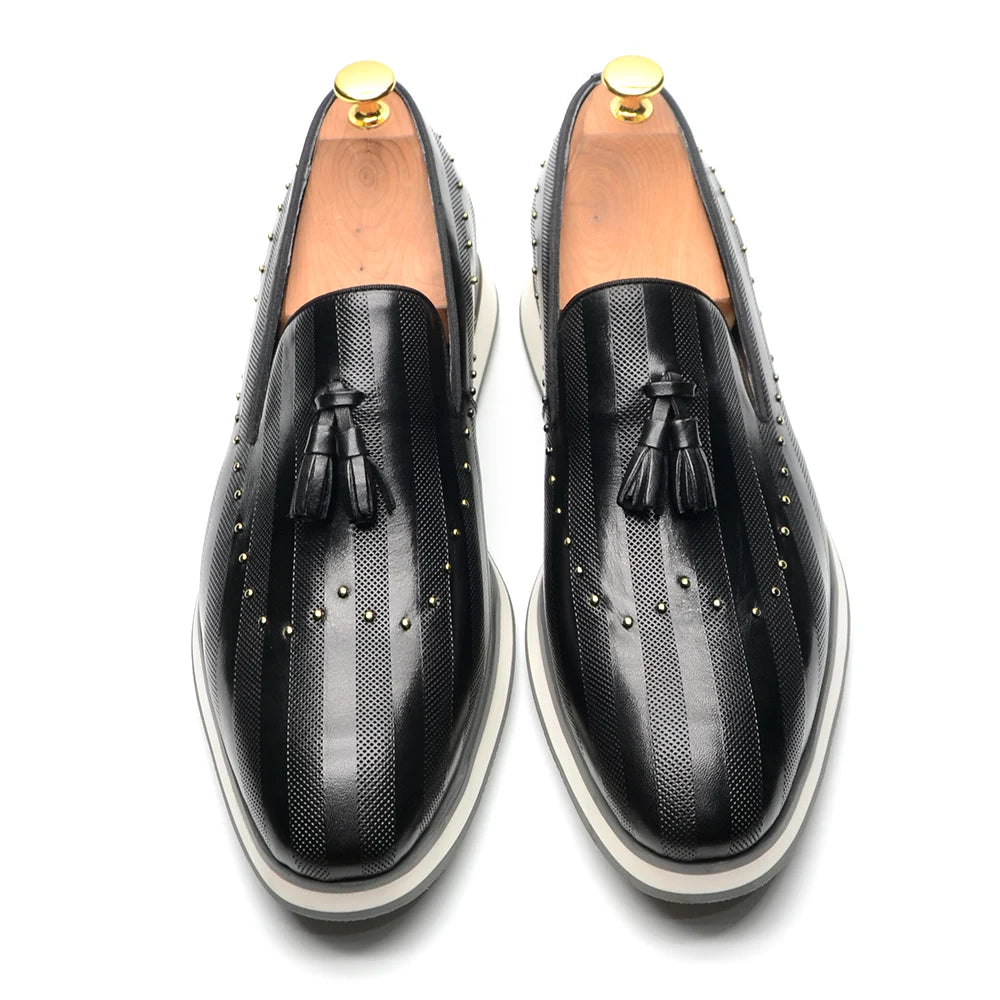 Top Grade Luxury Men's Genuine Leather Loafers | Original Stripe Rivets & Tassel Casual Flat Shoes Luxegan
