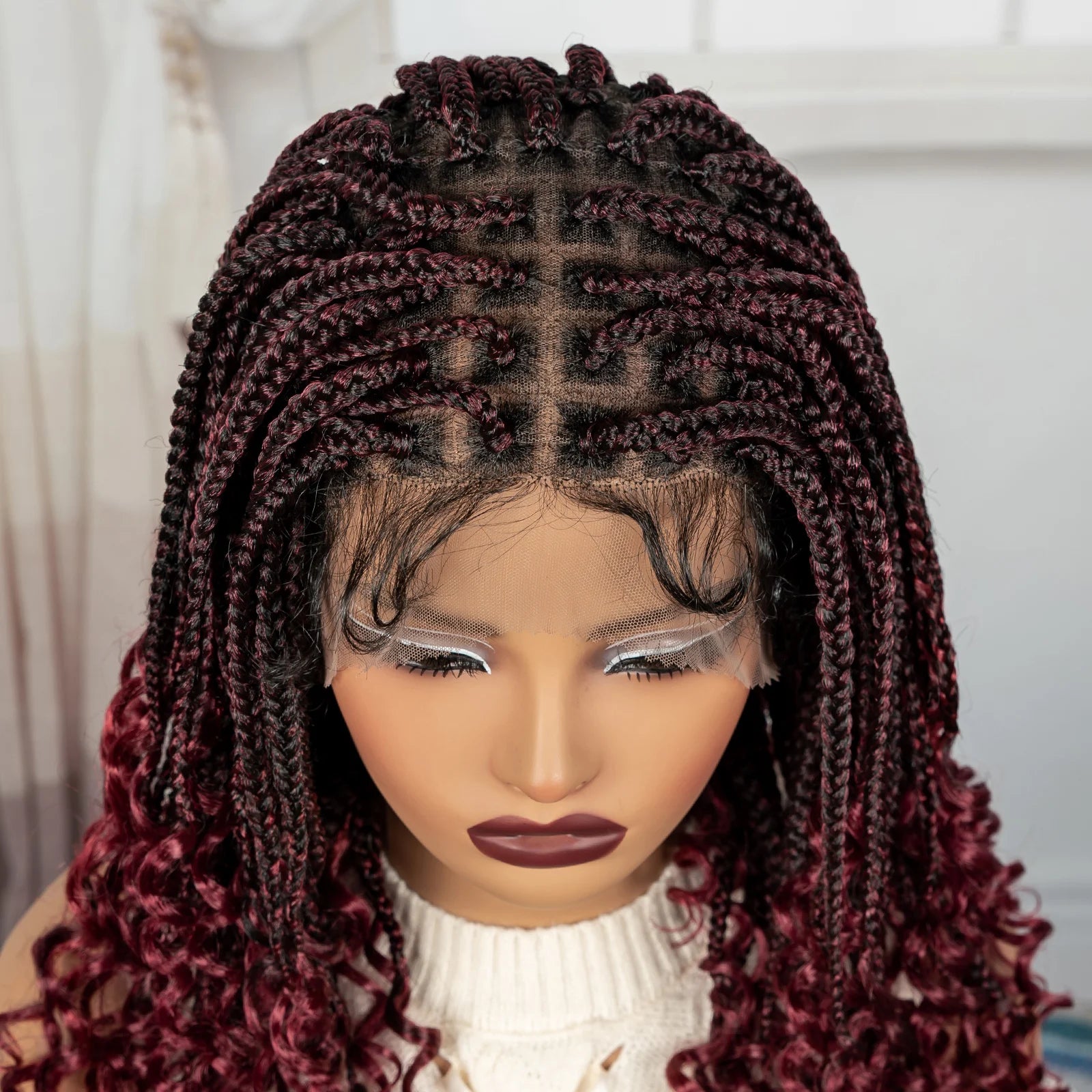 Burgundy Boho Knotless Braids Bob Wig with Curly Ends | Full Lace Luxegan