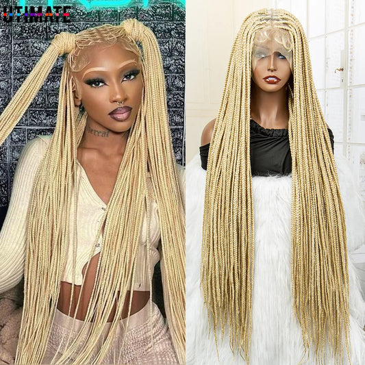 36" 613 Full Lace Knotless Box Braided Wig | Transparent HD Lace | Baby Hair | Synthetic Wig for Black Women Luxegan