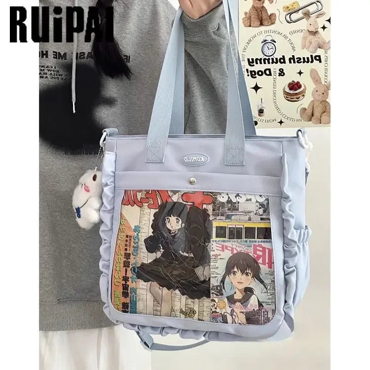 Cute Ulzzang Ita Bag | Large Capacity Nylon Tote Shoulder Bag | Japanese Harajuku College Crossbody with DIY Badges Display Plate Luxegan