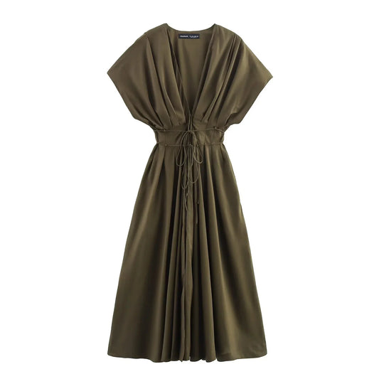 Draped V-Neck Sleeveless A-Line Midi Dress – Loose Fit, Empire Waist, Spring/Summer Luxegan