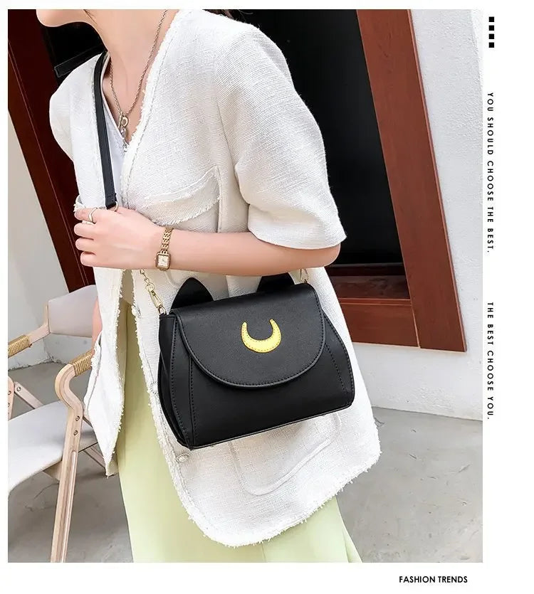 Sailor Moon Inspired Luna Cat Bag | Sophisticated PU Leather Square Shoulder Purse | Elegant Black Chain-Strap Messenger | "Dignified" Soft Crossbody for Versatile Fashion Styling Luxegan
