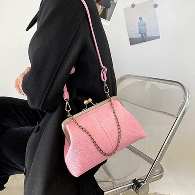 Vintage PU Shell Bag | Lychee Pattern Clip Chain Shoulder & Crossbody Luxegan