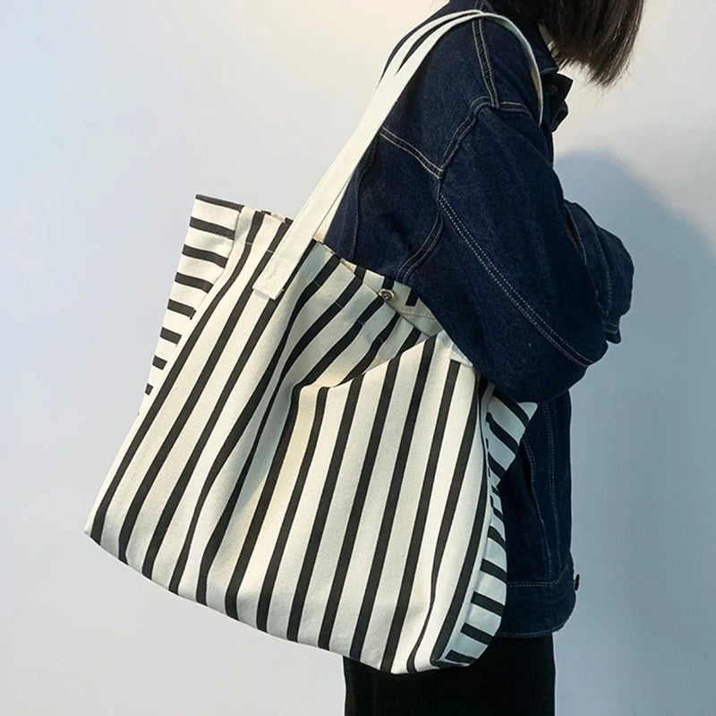 Fashionable Canvas Beach Tote | Large Capacity Striped Shoulder Bag Luxegan