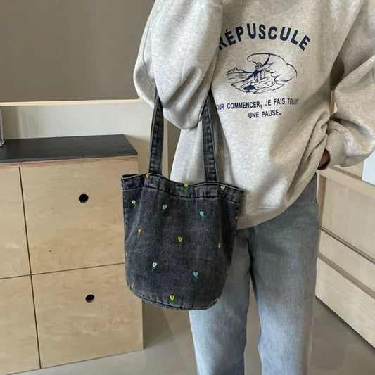 Designer Denim Bucket Bag | Vintage Floral Canvas Shoulder Bag & Crossbody | Casual Unisex Tote with Linen Lining and Hasp Closure Luxegan