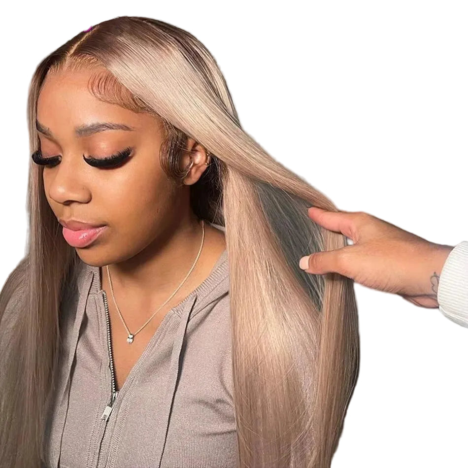 200% Density Ombre Ash Blonde Straight Wig | Sophisticated 13x4 HD Transparent Lace Frontal | Elegant Brown Rooted Brazilian Human Hair | "Dignified" 26+ Inch Pre-Plucked Remy Hair for Radiant Versatile Styling Luxegan