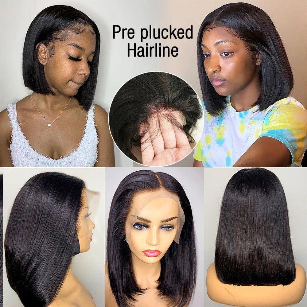 Glueless 13x4 Straight Lace Front Bob Wig Pre-Plucked 4x4 Closure Brazilian Remy Human Hair Bone Straight Short Bob