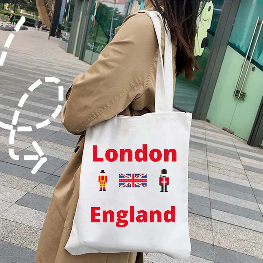 London Big Ben England Map Flag Canvas Tote Bag | UK City Landscape Skyline Shoulder Shopping Handbag (Women's Tourist Gift) Luxegan