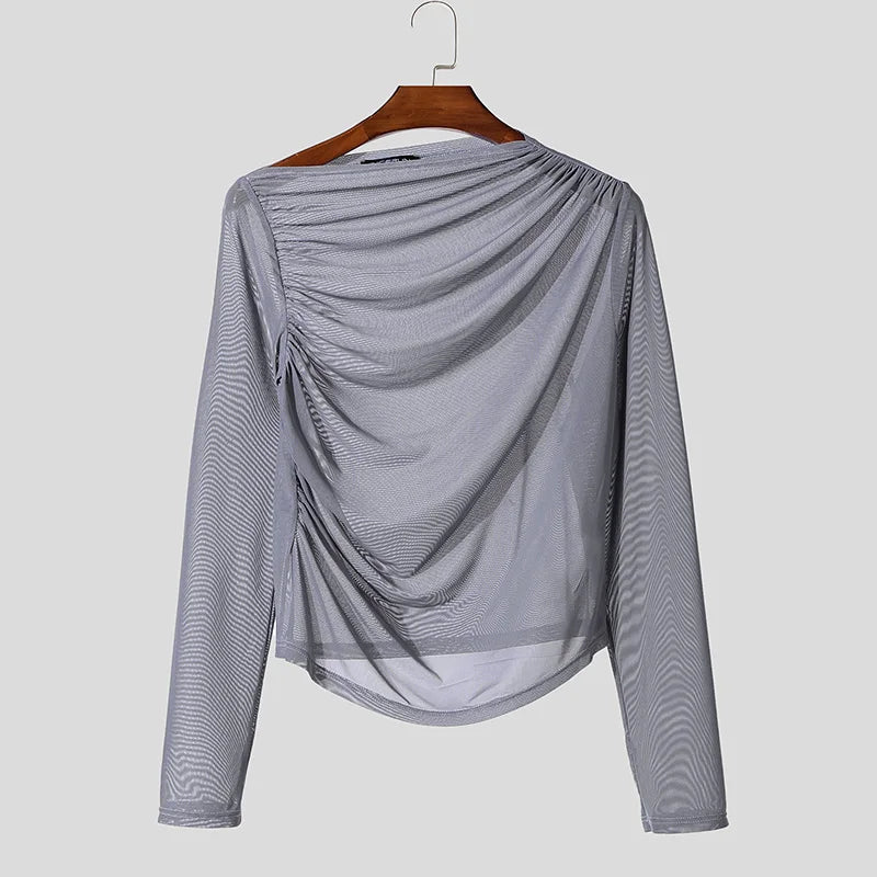 Deconstruction Perspective Single-Shoulder Tee | Sophisticated Pleated Long-Sleeved Silhouette | Elegant "Breathable" Summer Camiseta | "Dignified" Sexy Deconstructed Top for Radiant Versatile Styling Luxegan