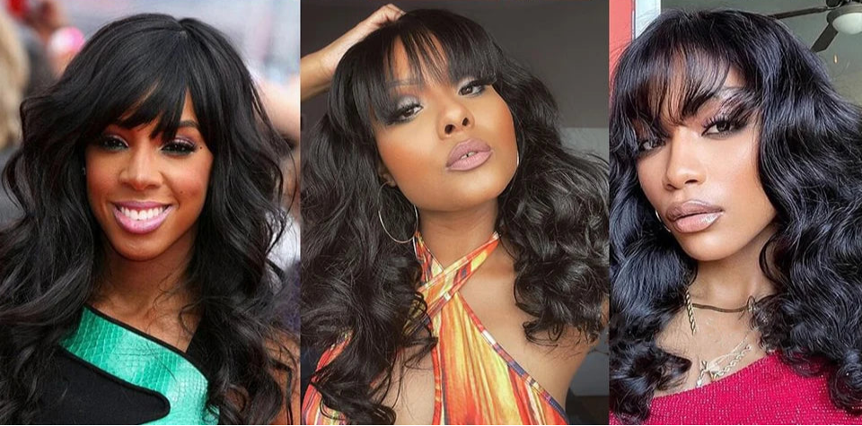 Natural Color 24" Body Wave Wig with Bangs | 180% Density Remy Human Hair Middle Part Lace Luxegan