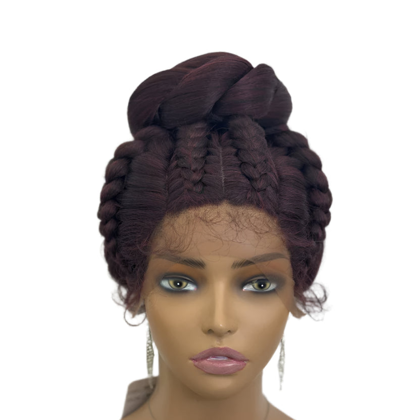 Bun Updo Braided Wig | Cornrow Accents | 1B/30 Ombre | Lace Front | Baby Hair | Synthetic Hair