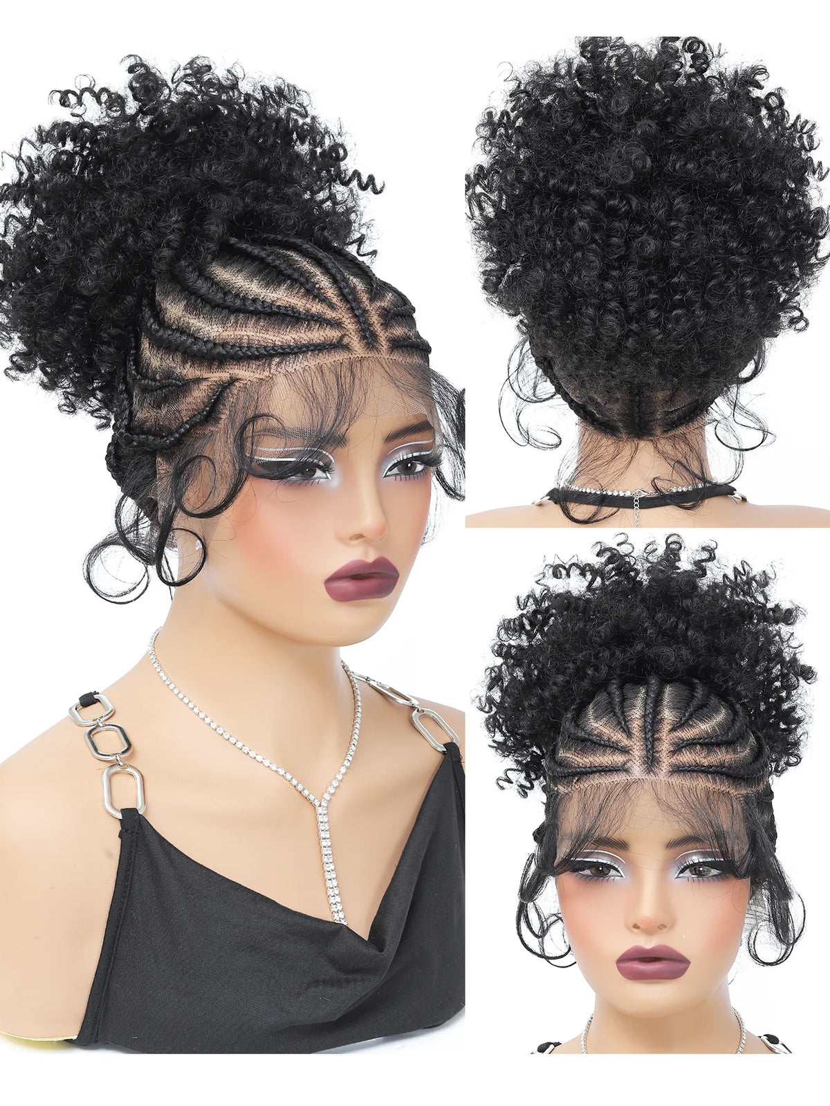 10" Braided Wig with Buns | Cornrow Braids | Full Lace | Ponytail | Synthetic Wig for Black Women