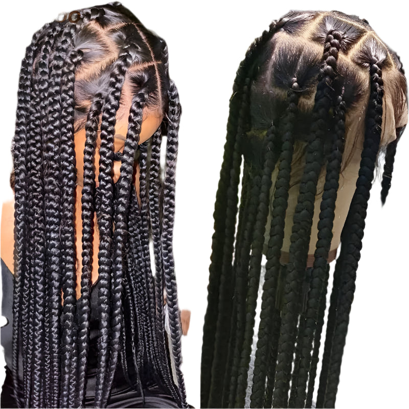 Jumbo Knotless Box Braids Wig | Full Lace Front Tribal Braids & Faux Locs | Transparent Lace | Black Women