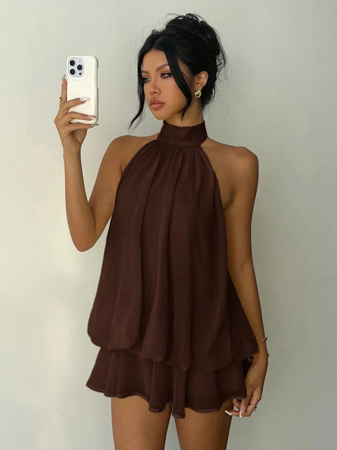 Women's Backless Halter Tie Waist Mini Dress Luxegan