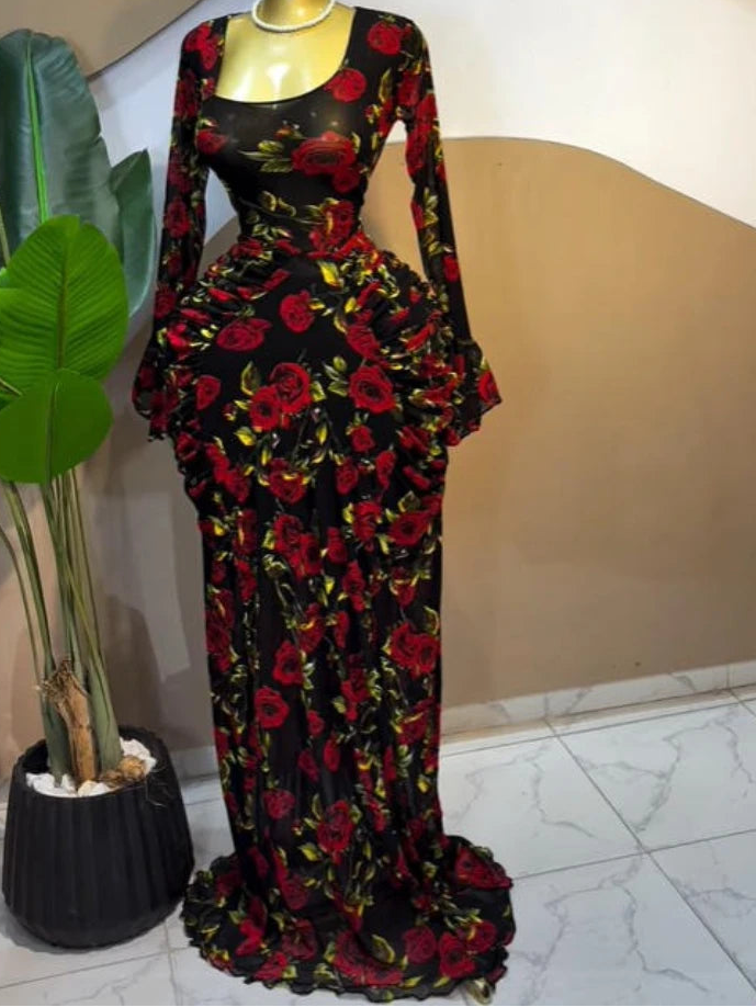 Floral Ruched Flare Sleeve Maxi Dress – Asymmetric Neck, Empire Waist, A-Line Luxegan