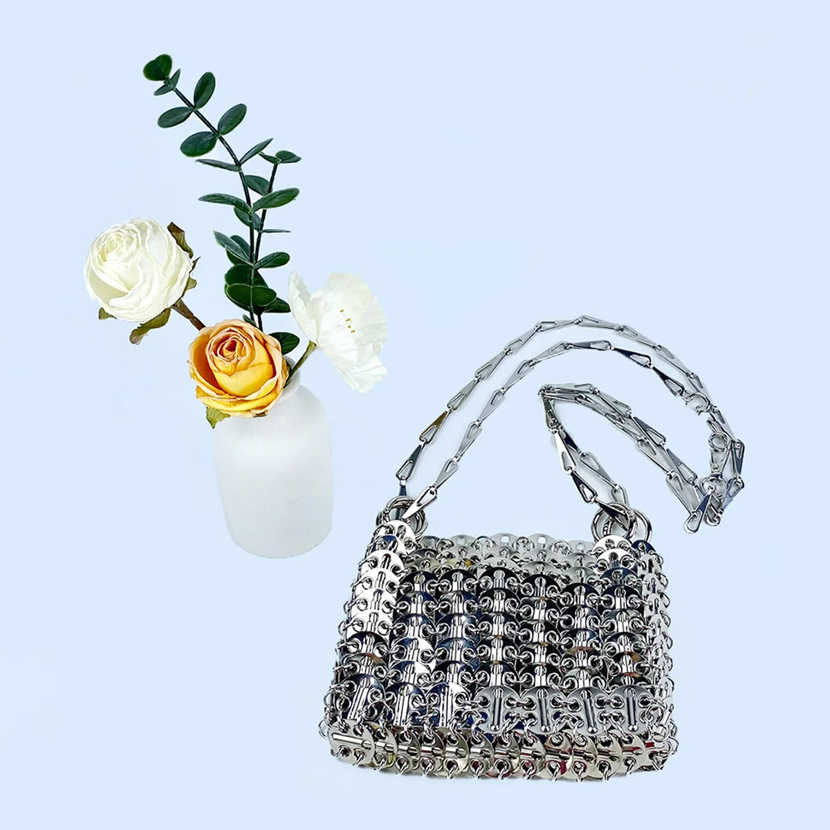 Silver Shiny Bag Handmade Woven Beaded Sequin Bag Mobile Phone Bag | Long Shoulder Strap Single Shoulder Crossbody Bag for Women Luxegan
