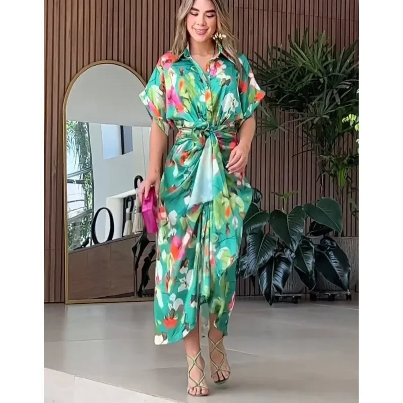 Printed Patchwork Shirt Dress – Turn-Down Collar, Belted, Short Sleeve, A-Line Luxegan